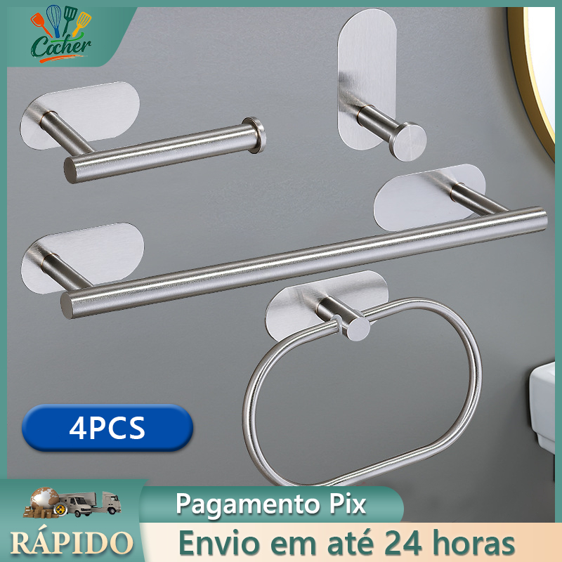 Kit Acessórios Banheiro Cabide Toalheiros Papeleira 4 Peças Prata Escovada em Oferta na Shopee