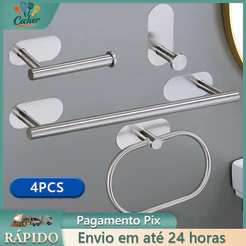 Kit Acessórios Banheiro Cabide Toalheiros Papeleira 4 Peças Prata Escovada