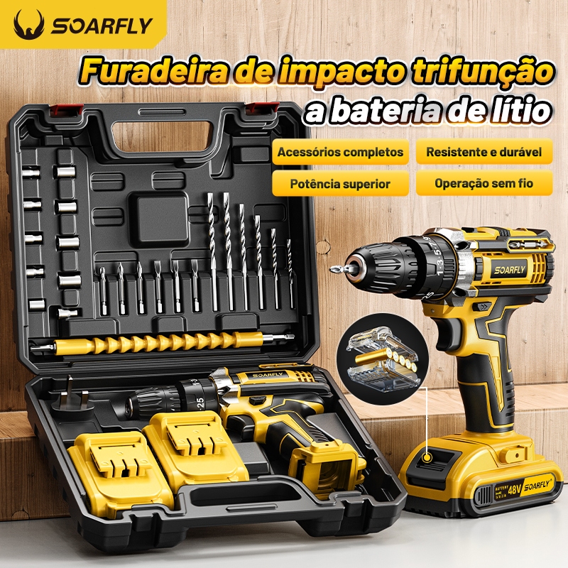 Parafusadeira Furadeira 48V Profissional Kit Completo 2 Baterias 48v Torque Ajustável Perfuração Aço