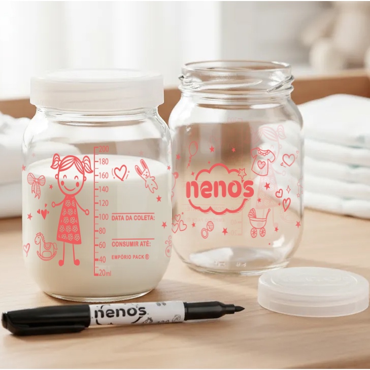 Potes de Vidro 267ml Armazenar Leite Materno ou Papinha, Tampa Plastica BPA-Free (Menina)