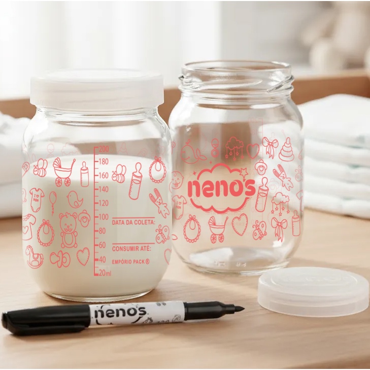 Potes de Vidro Armazenar Leite Materno ou Papinha, Tampa Plastica BPA-Free (Baby-Rosa)