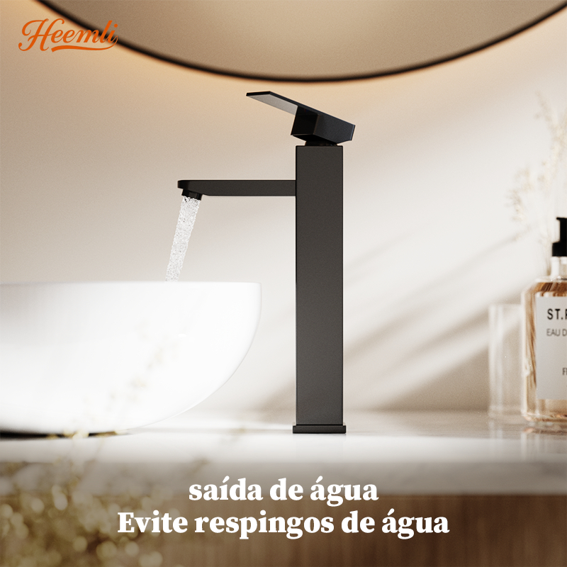 Heemli Torneira banheiro inox monocomando Lavabo Saída Alta para Cuba Quadrado Pintura Preta Ajuste Água Quente Fria