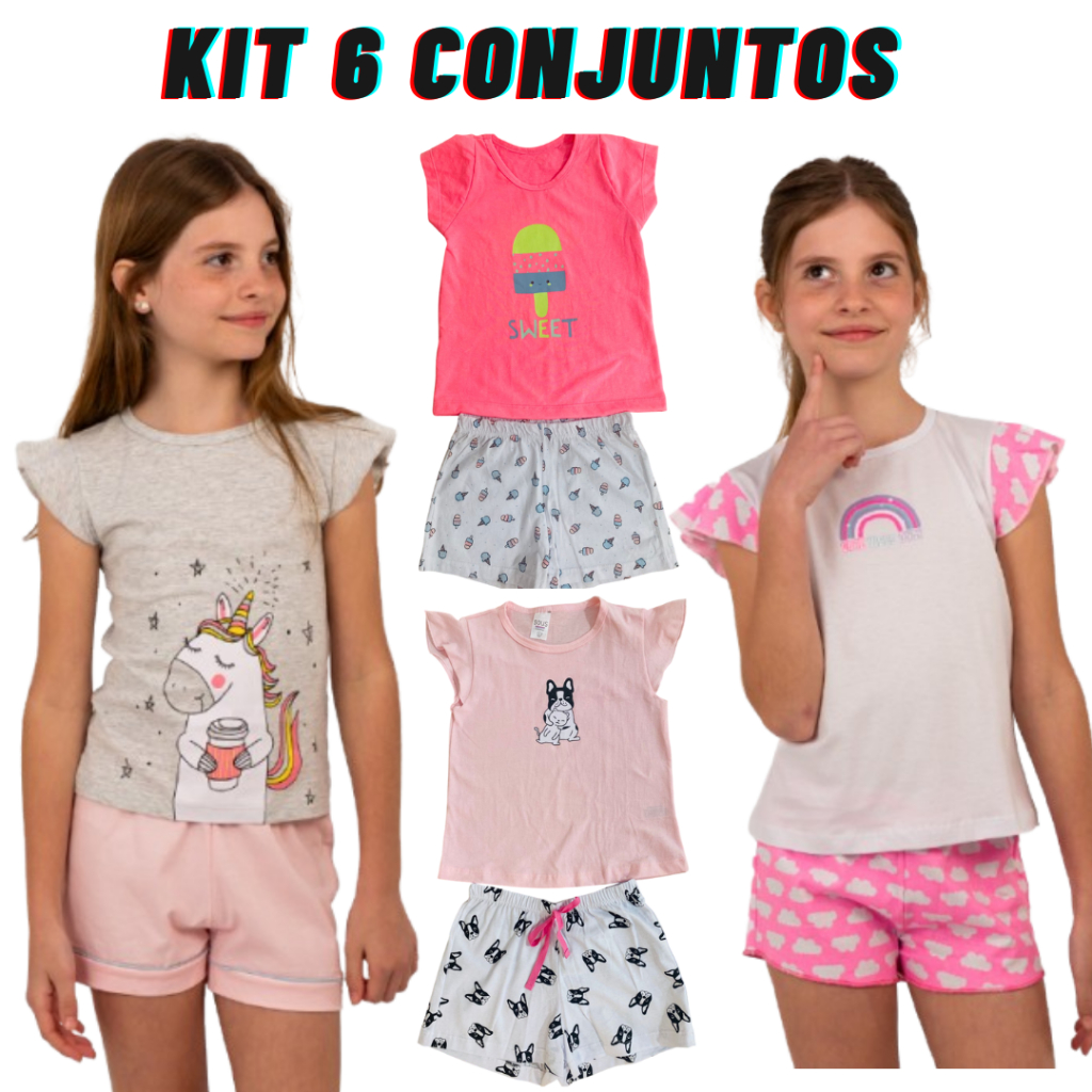 Kit 6 Pijamas Infantil Menina Feminino 100% Algodão Sortido Manga Curta Estampado Shorts e Blusinha Verão
