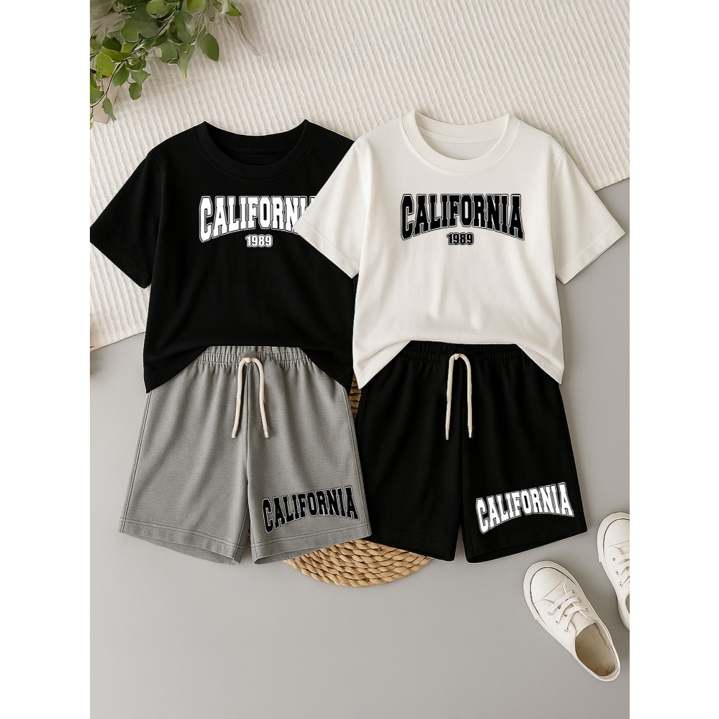 Conjunto California 100% Algodão 4 Peças de Camiseta e Calção Branco Preto Cinza 2 ao 16 anos