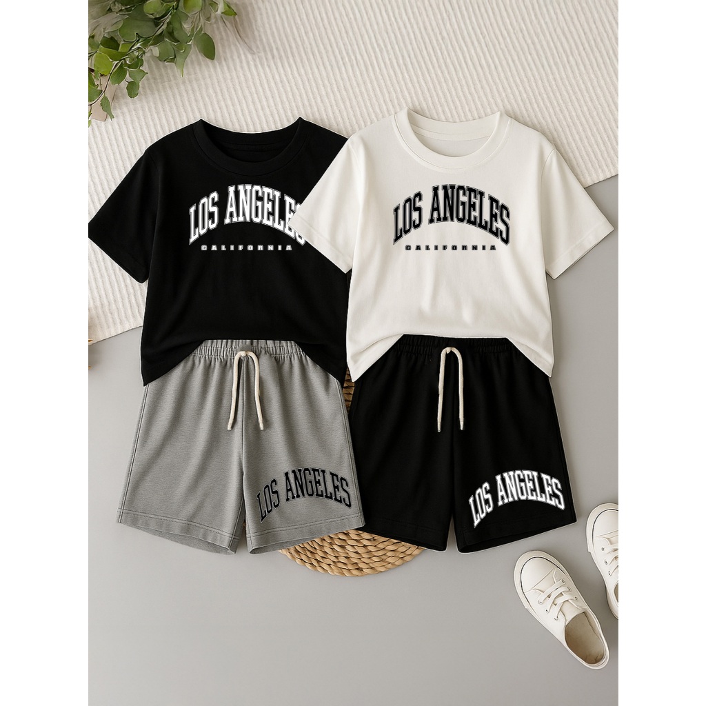 Conjunto Los Angeles 2 Camiseta e 2 Calção Branco Preto Cinza 2 ao 16 anos 100% Algodão