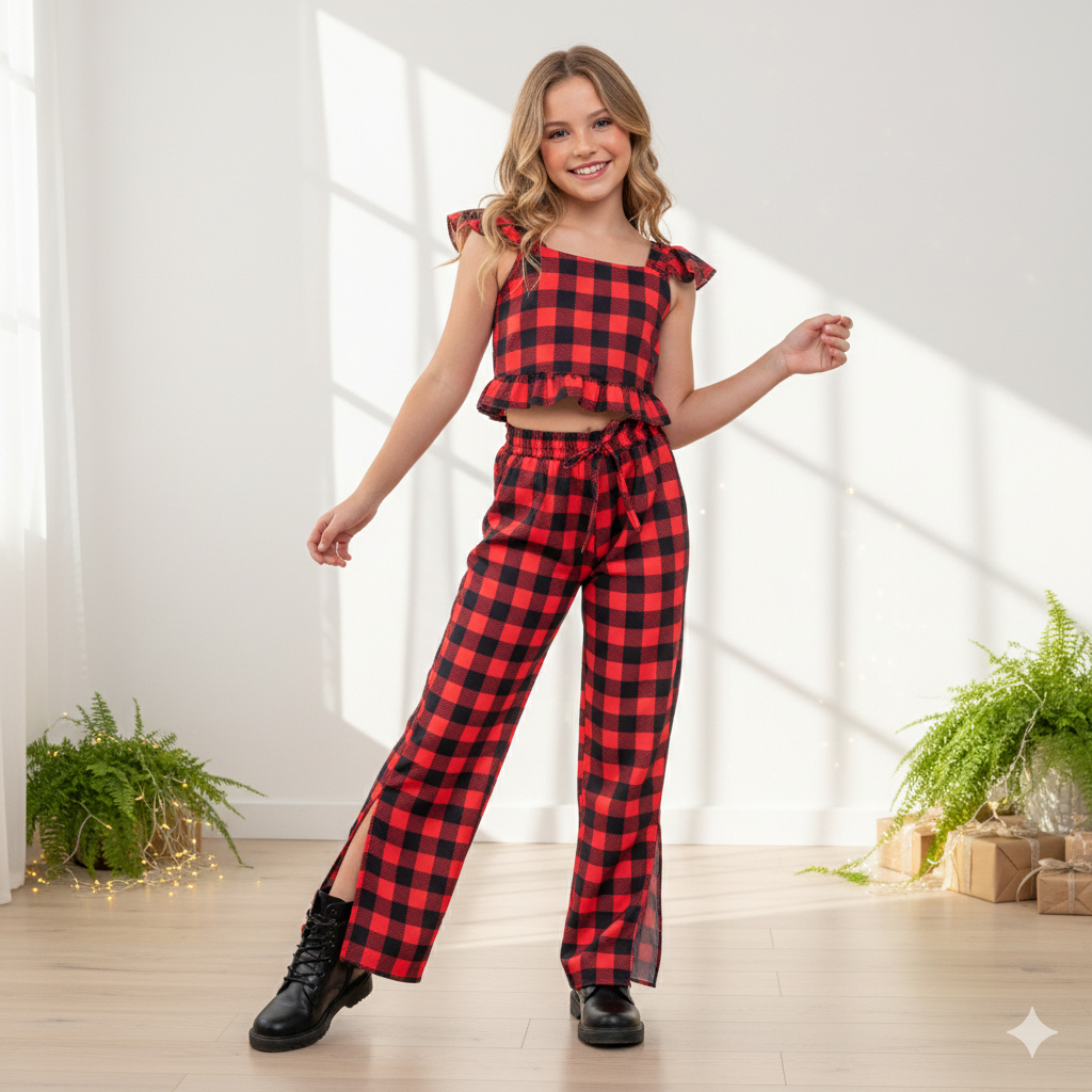 Conjunto Infantil Feminino Cropped Babado + Calça Pantalona Estampas Juvenil Look Moderno Estiloso