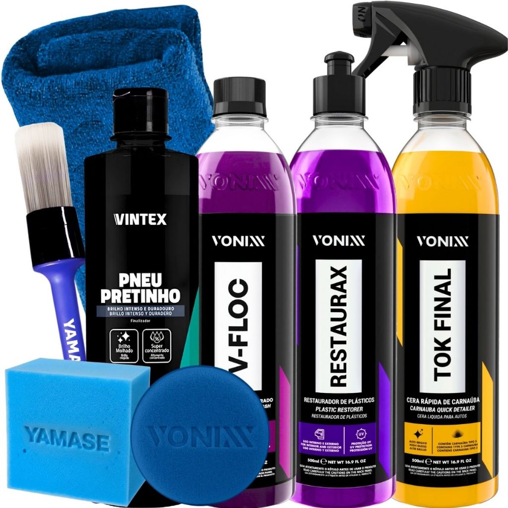 KIT SHAMPOO V-FLOC CERA TOK FINAL SPRAY PNEU PRETINHO RESTAURAX 500ML VONIXX em Oferta na Shopee