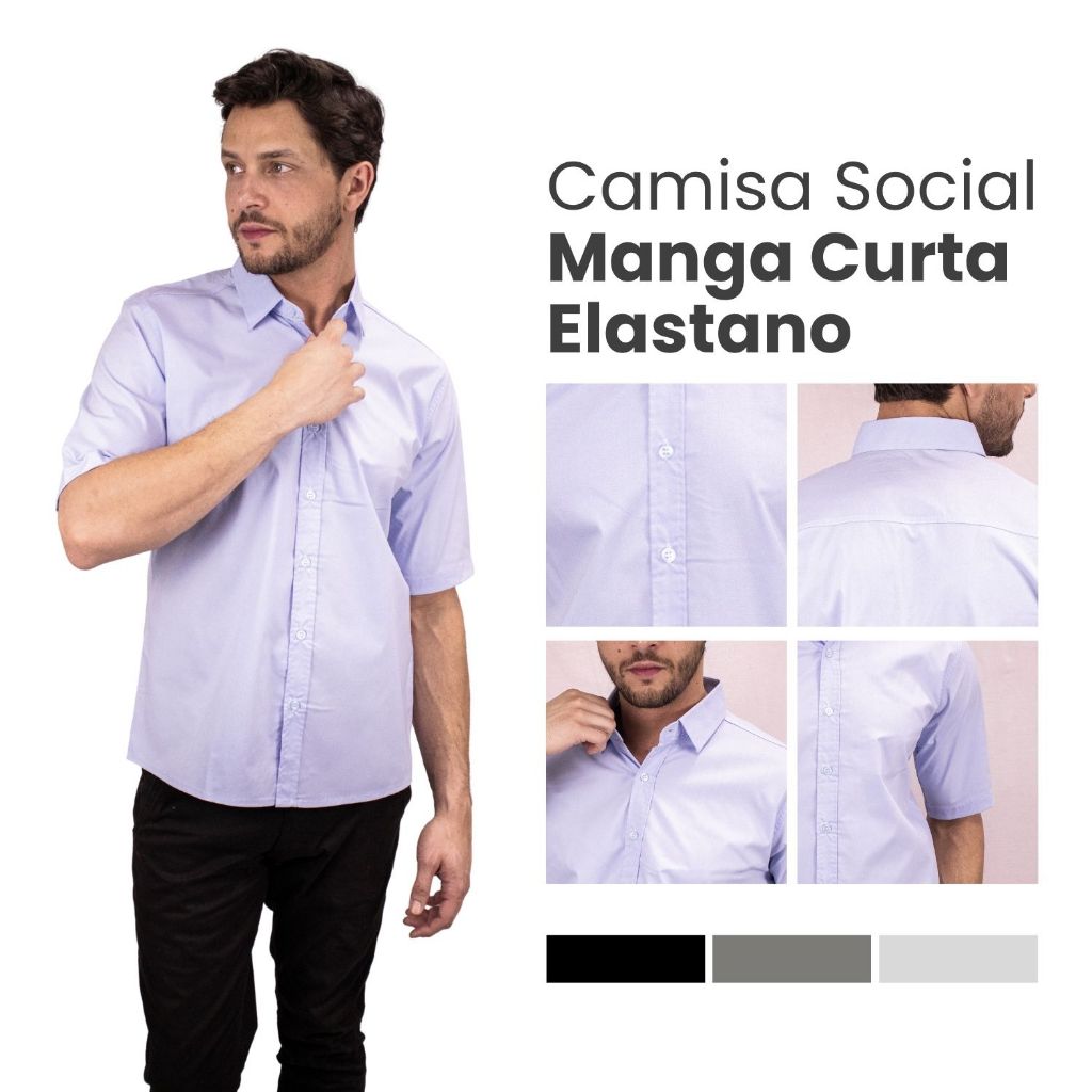 Camisa Social Manga Curta Masculina Slim Fit Elastano Premium Camisa Social Masculina de Algodão