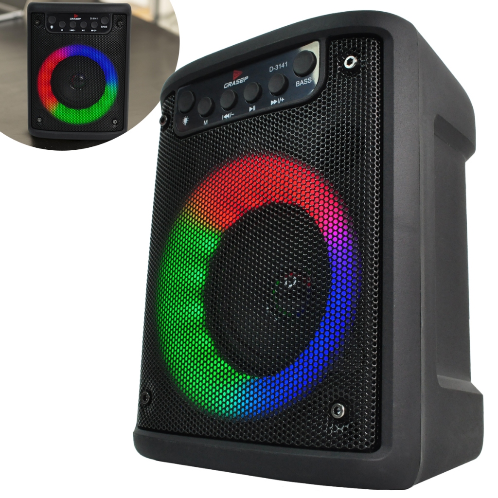 Grasep D-3141 Caixa de Som Bluetooth 10W Preto Luz LED Entrada Pendrive