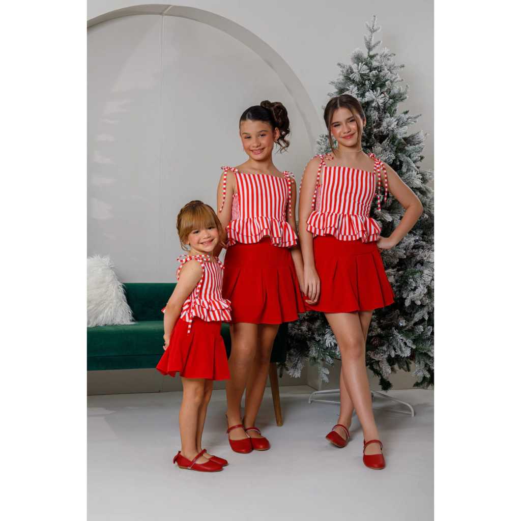 CONJUNTO INFANTIL MENINA PEPLUM LASTEX ANNA LISTRAS VERMELHO KIDS
