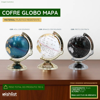 Cofre Globo Mapa Secreto Elegante Plástico Resistente Guarda Objetos Moderno Decoração Ambiente