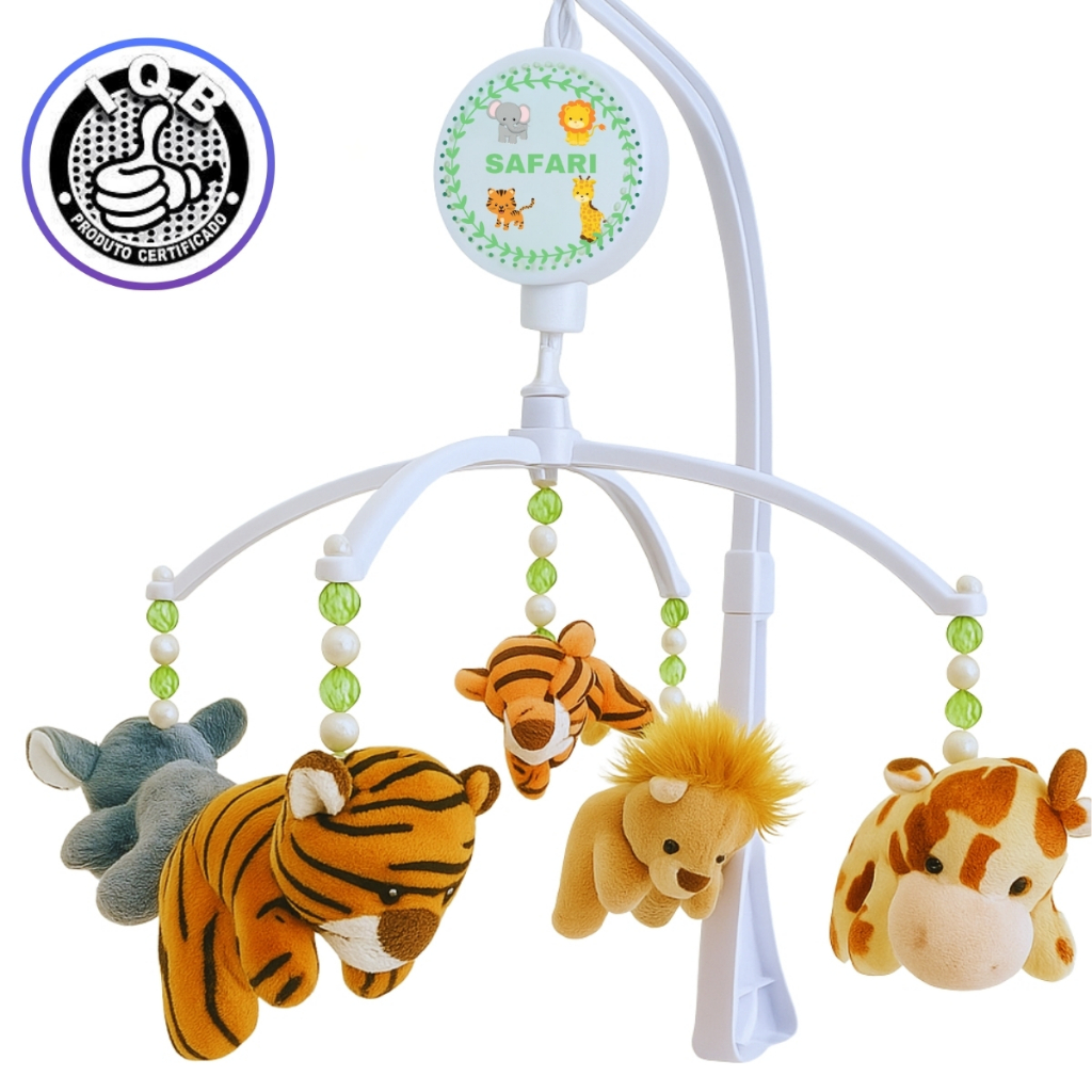 Mobile Musical e Giratório para Berço Safari Animais da Floresta para Bebê e Recém-nascidos Erich Baby - Com Certificado