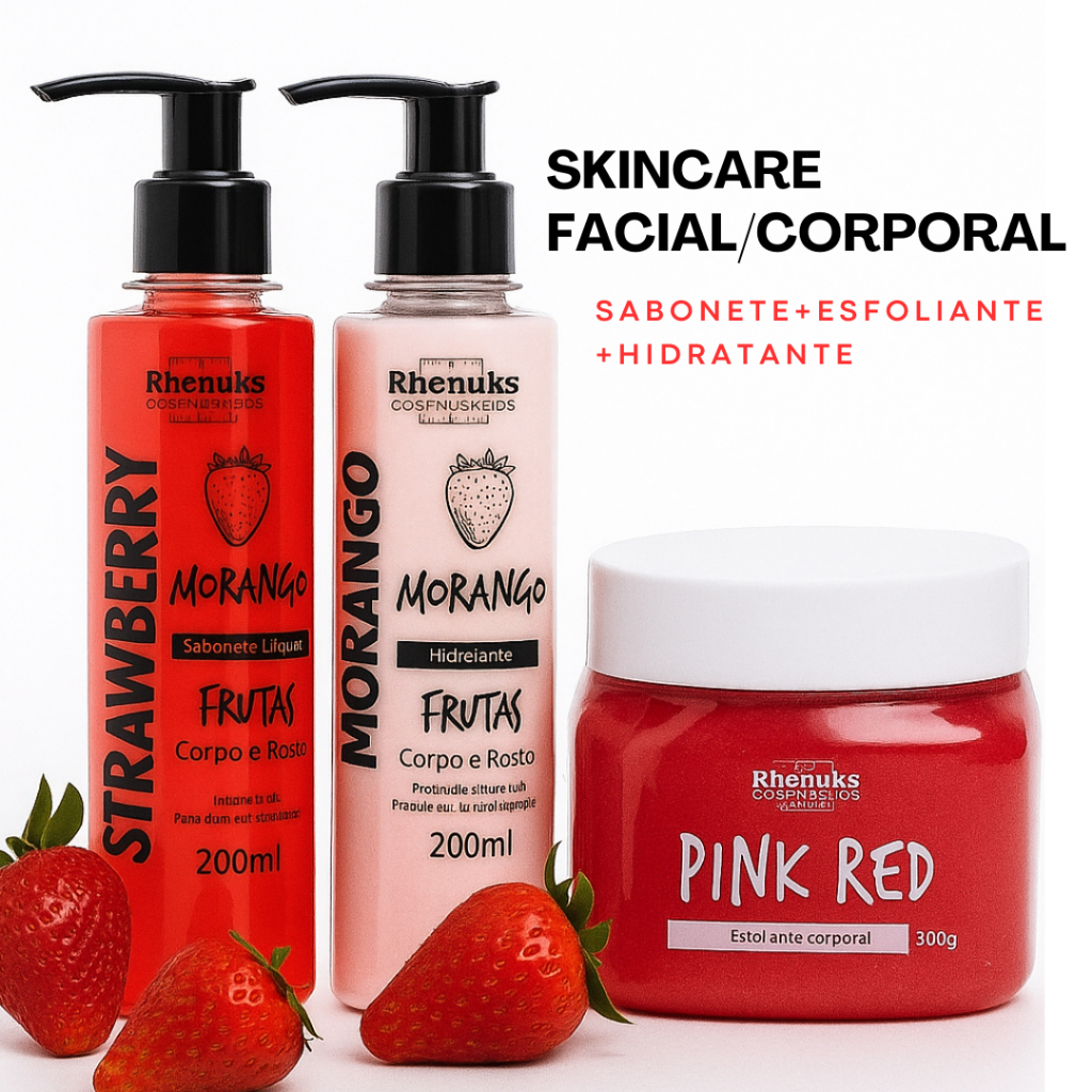 Skincare Corporal e Facial Limpeza e Hidratação Morango:Sabonete+Creme Hidratante+Esfoliante Corporal Body Scrub