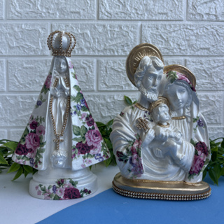 Kit Nossa Senhora Aparecida e Sagrada Família em Decoupage com Flores rosas em Oferta na Shopee