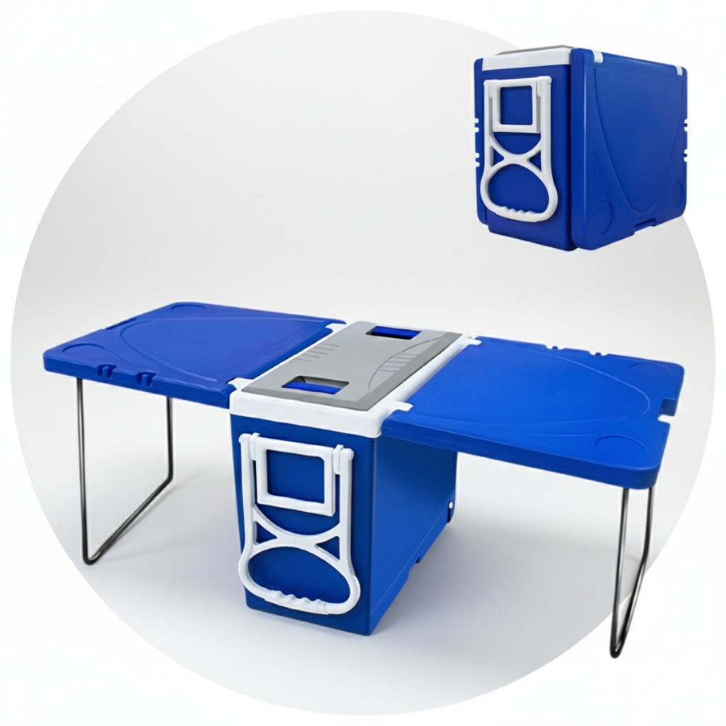 Cooler Caixa Termica 32 Litros Mesa Multifuncional 3 x 1 Rodinhas e Alça Transporte