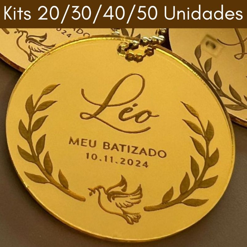 Lembrancinha Batizado Kit 20 a 50 Com Nome E Data Chaveiro Personalizado De Batismo Em Acrílico Dourado