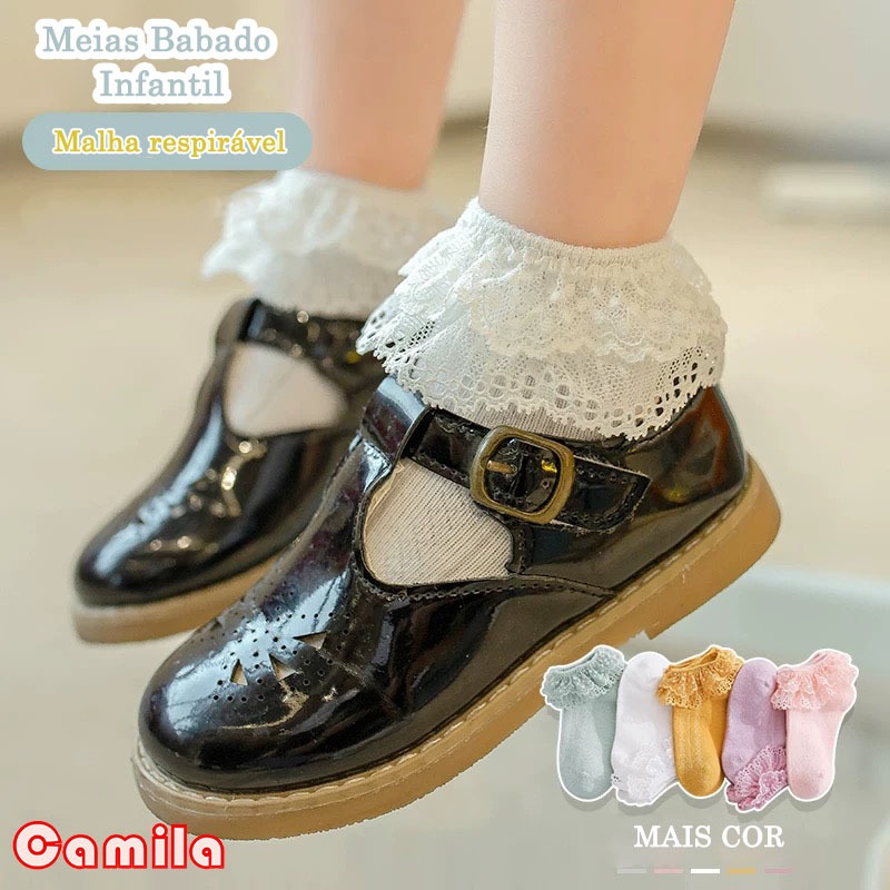 Meias Babado de Algodão Meninas infantil cano curto babado de renda batizada festa de aniversario 8005 em Oferta na Shopee