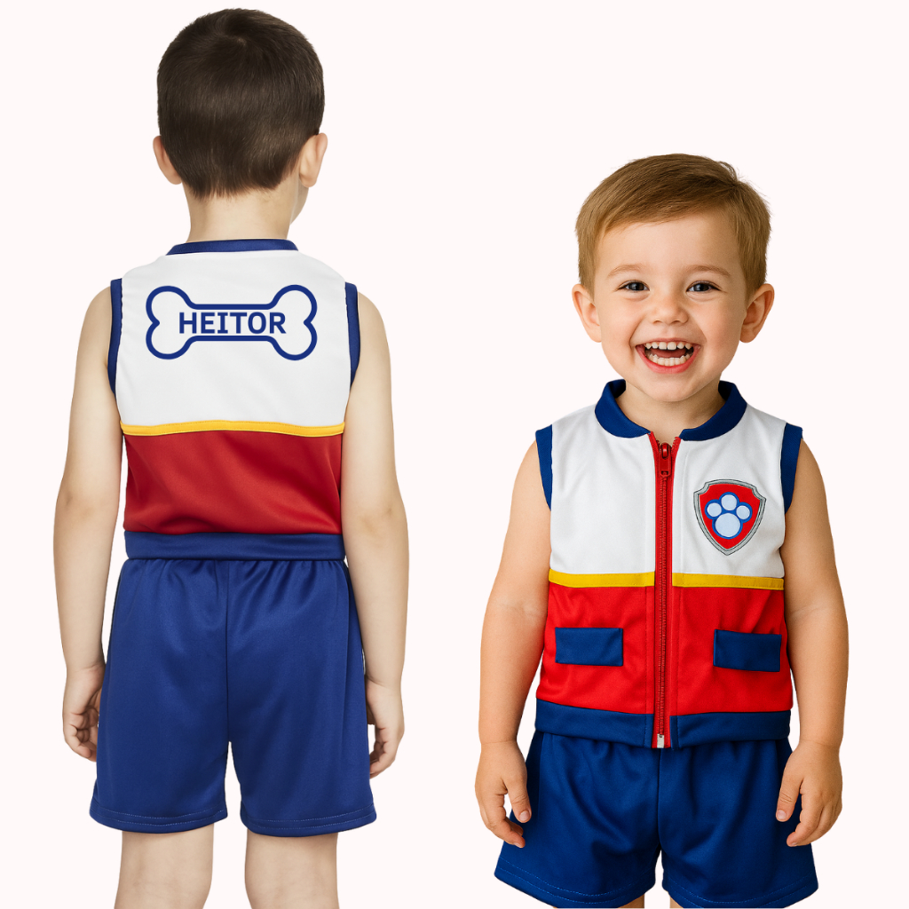 Fantasia Infantil Conjunto Colete e Shorts Ryder Personalizado Com Nome Patrulha Canina Ossinho