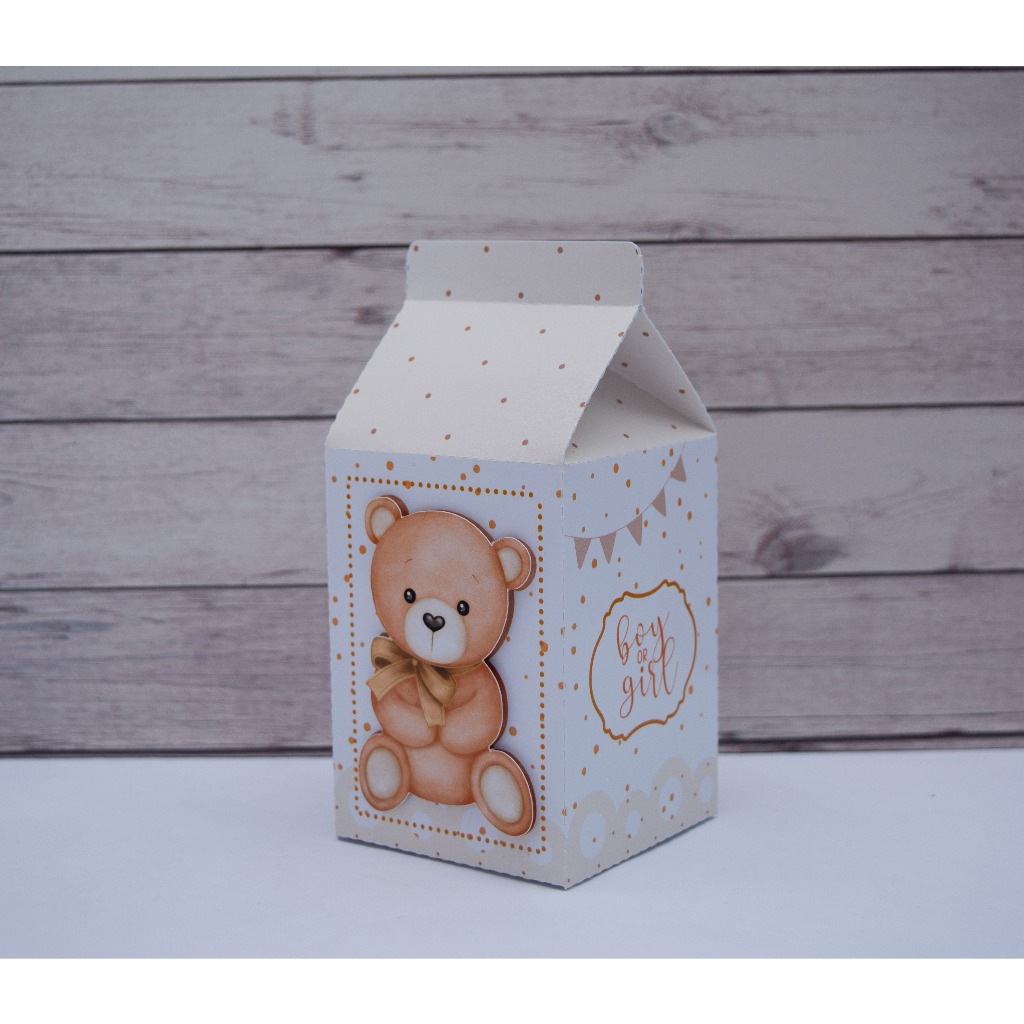 Caixinhas personalizadas CHÁ REVELAÇÃO DE BEBÊ URSO DOURADO - lembrancinha para festa caixa maleta triangulo milk cone