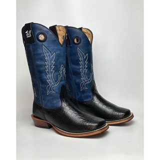 Bota Texana Masculina Bordado country em Couro legitimo Bico Quadrado Salto Carrapeta