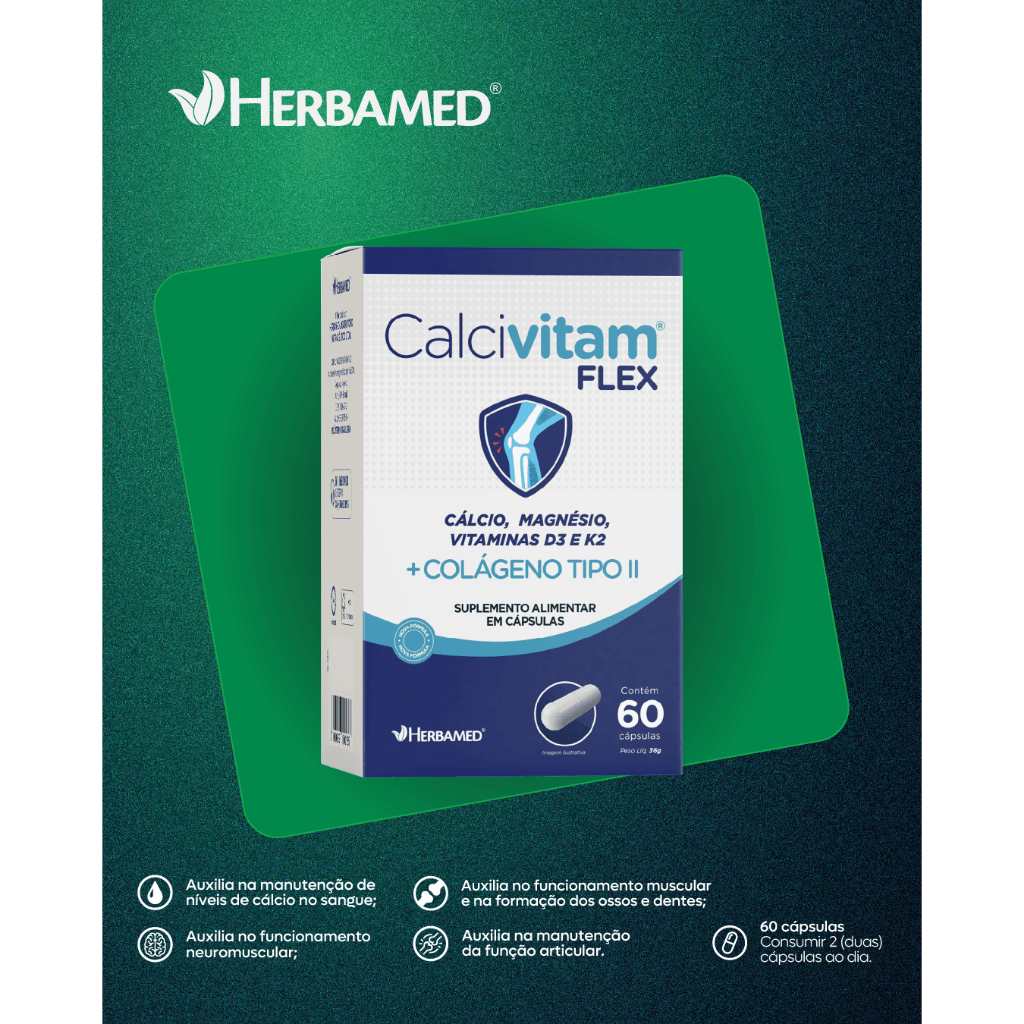 Calcivitam Flex Cálcio, Magnésio, D3, K2 + Colágeno Tipo 2 Ossos, Músculos e Articulações - Herbamed