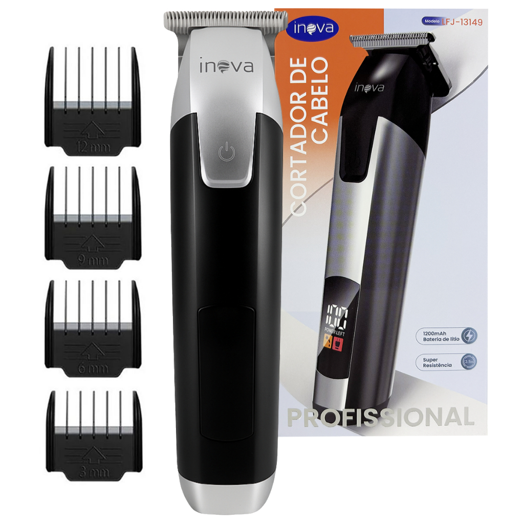 Máquina Cortar Cabelo Sem Fio Inova 8W Lâmina Aço Inox Display Digital Uso Profissional e Barba