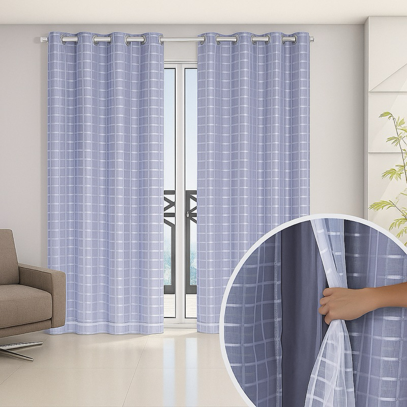 Cortina Blackout com Voil Xadrez 2,80m x 2,70m – 2 Partes 1,40m X 2,70m– Sala e Quarto