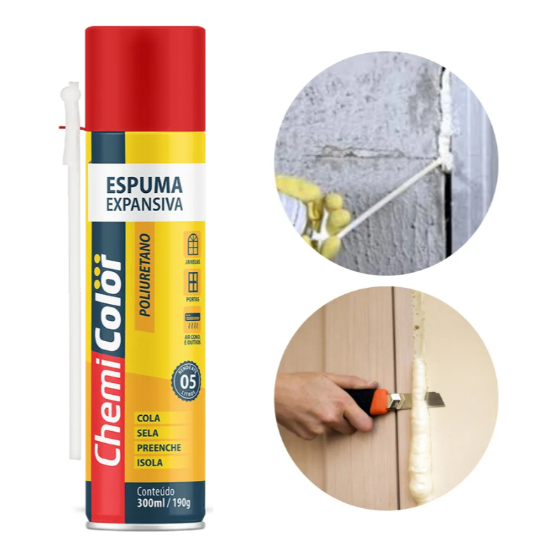 Espuma Expansiva PU Chemicolor 300ml - Fixar Batente Porta Janela Vedação Isolamento Acústico