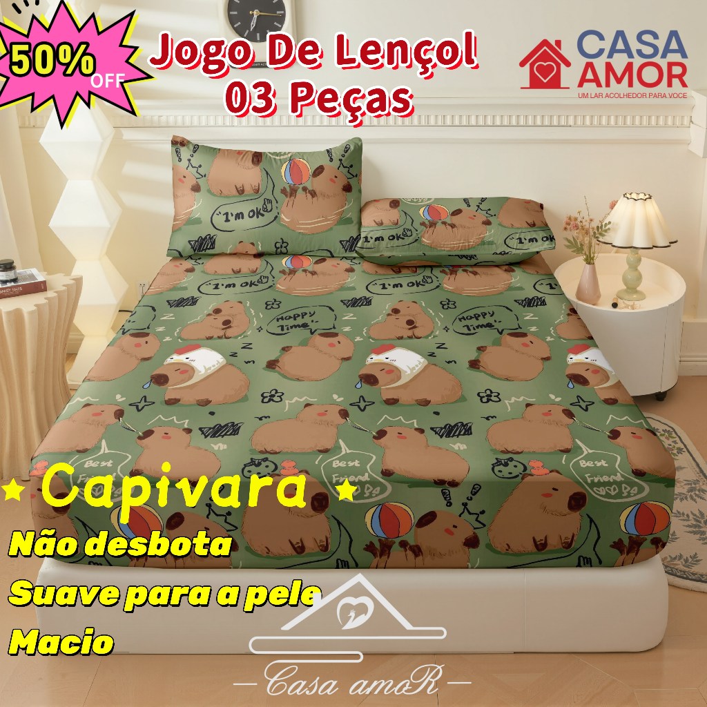 Jogo De Lençol Capivara 02 e 03 Peças SOLTEIRO/ CASAL/ QUEEN Percal Cor Não Desbota em Oferta na Shopee