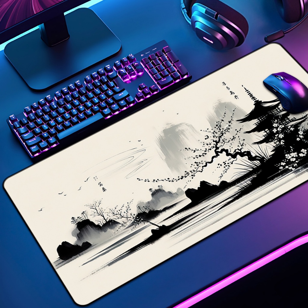 Mouse Pad Grande Artes Asiatico 65x30 70x35 80x35 90x40 90x50 120x60 Antiderrapante Borda Costurada