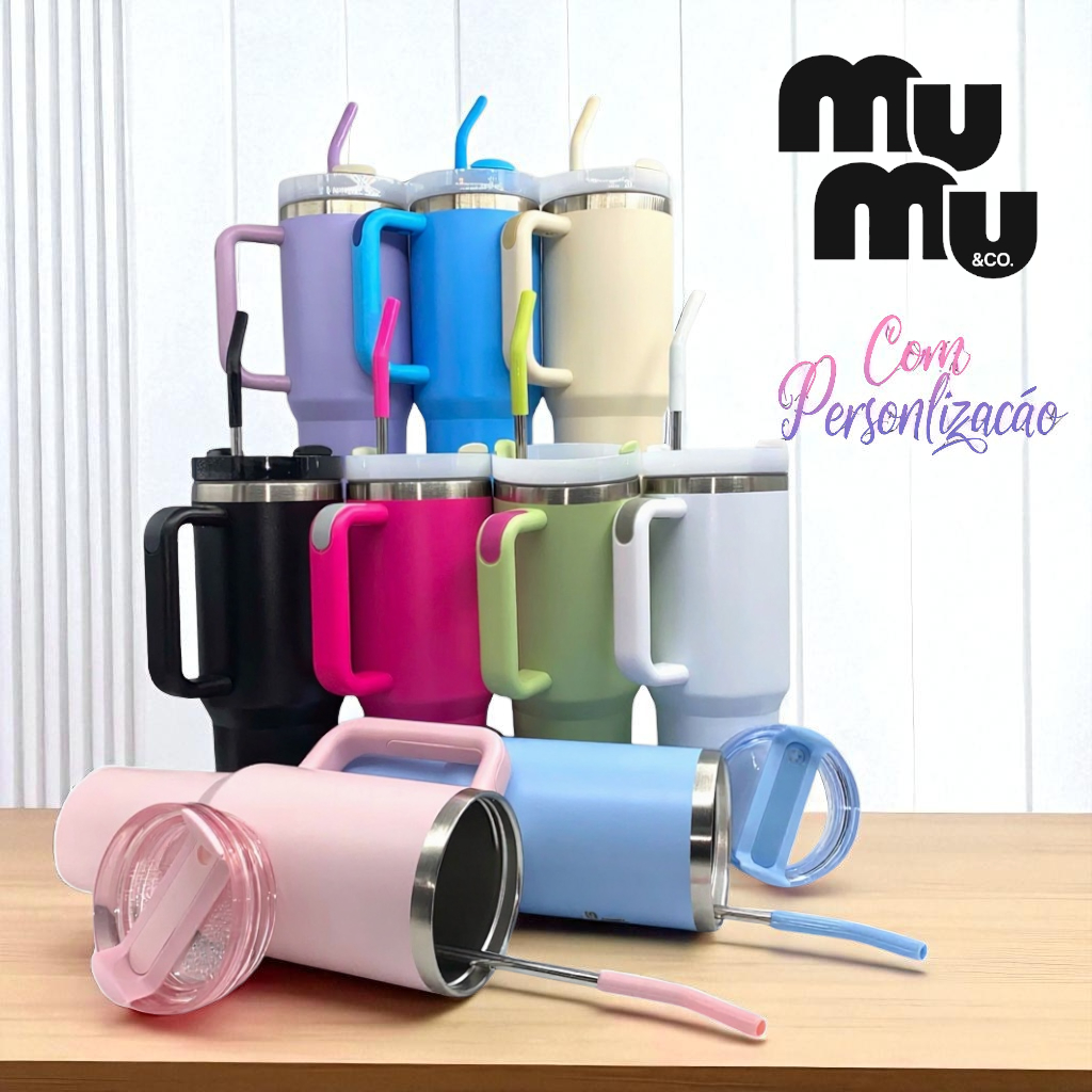 Copo Térmico Personalizada com seu Nome Canudo Inox + Protetor Canudo 1200ml Alça Parede Dupla