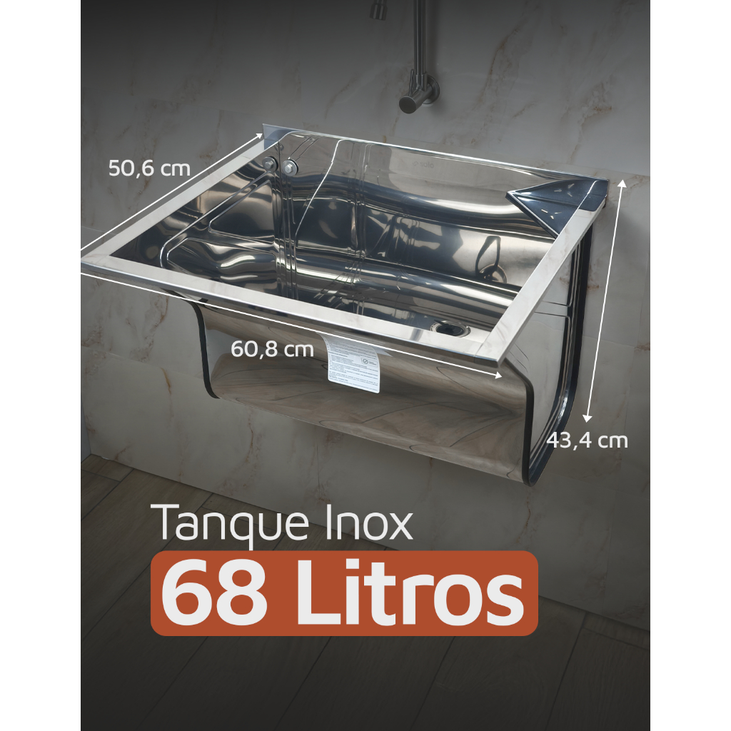 Tanque Inox 68 Litros Fixa Parede 608x506x434 Acompanha válvula Solo