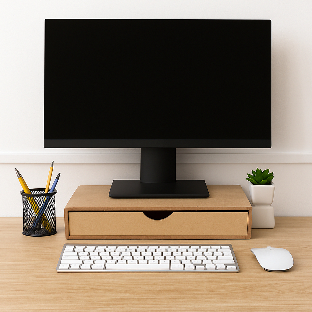 Base para Monitor Escritório Gaveteiro Organizador Madeira Cru 1 Gaveta Folhas A4