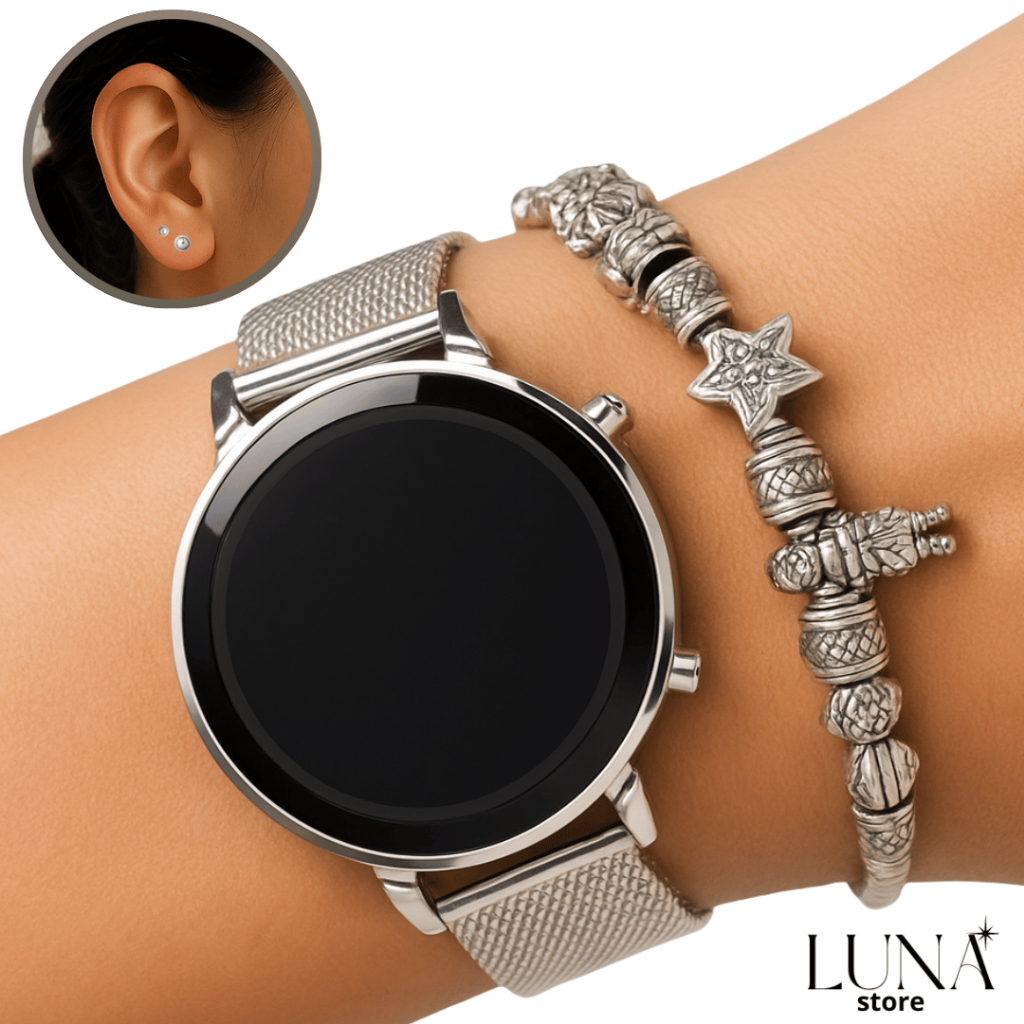 Relógio Redondo Feminino Led Digital Metálico Com Pulseira e Brinco