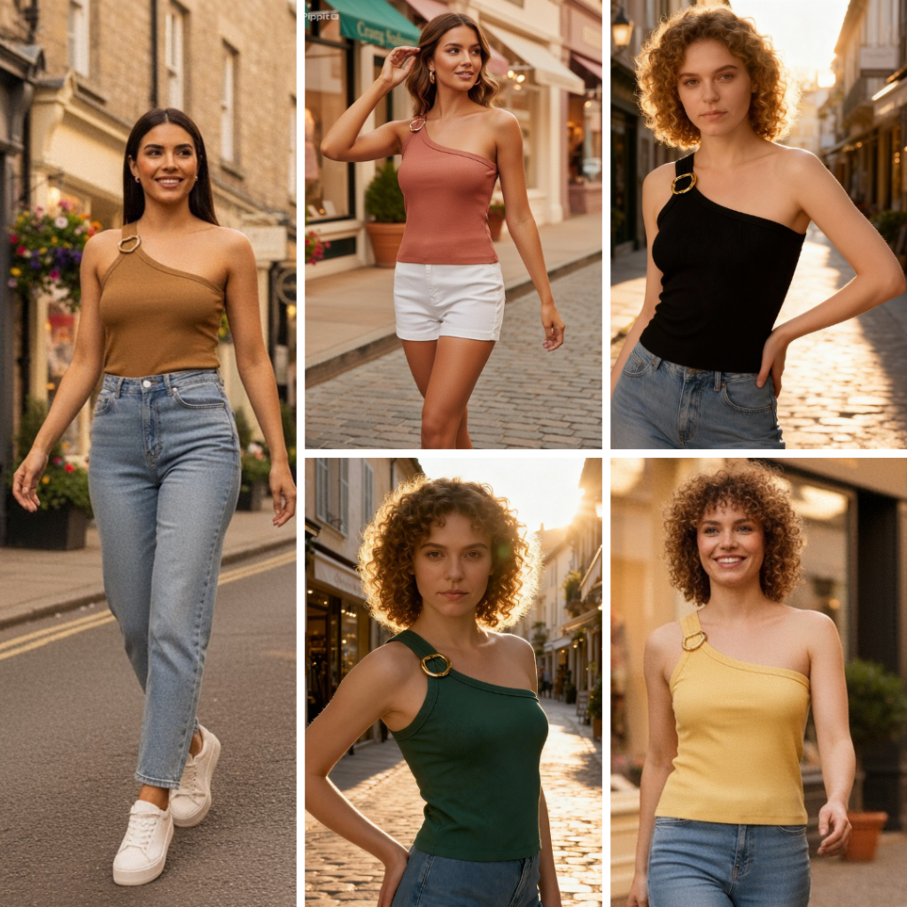 Blusa Regata Feminina Canelada Ombro Único Argola Dourada Moda Gringa Cropped Estilosa Casual Verão
