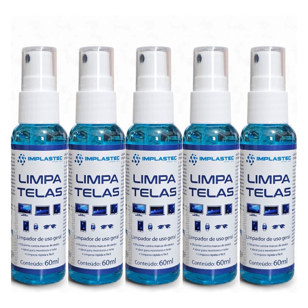 5 Limpa Telas 60ml Para Notebook TV Monitor Celular Óculos Antiestático Tira Manchas Implastec