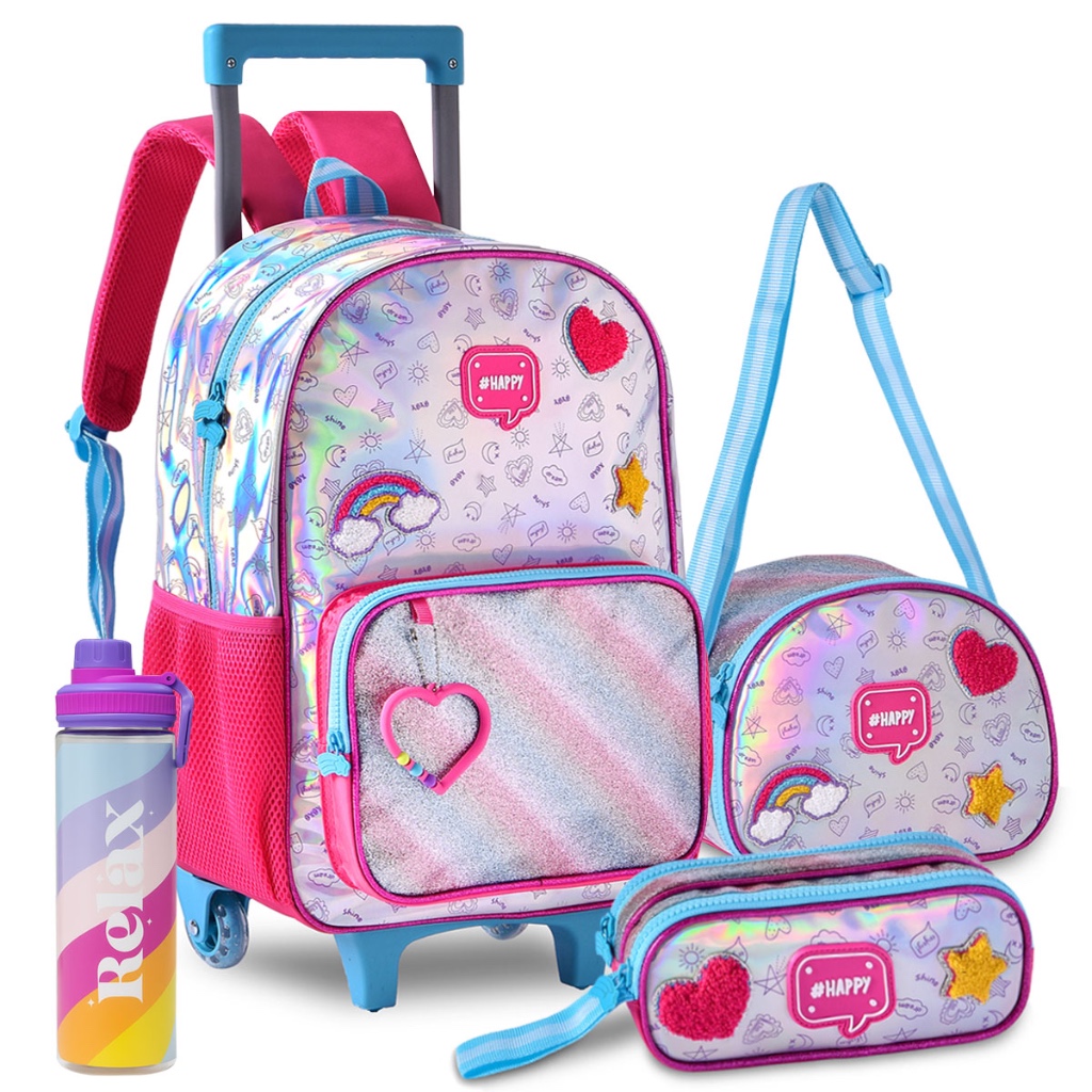 Kit Mochila Infantil Unicórnio Rodinhas Menina Escolar Holográfica Infantil Reforçada Resistente em Oferta na Shopee