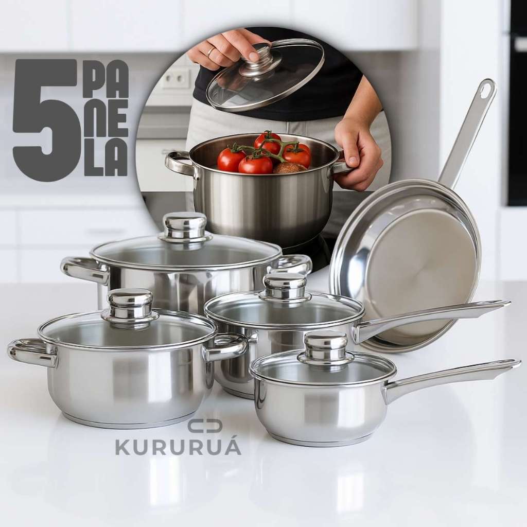 Jogo Panela 5 Peças Tampa Vidro Aço Inox - Wincy Cor Prateado em Oferta na Shopee