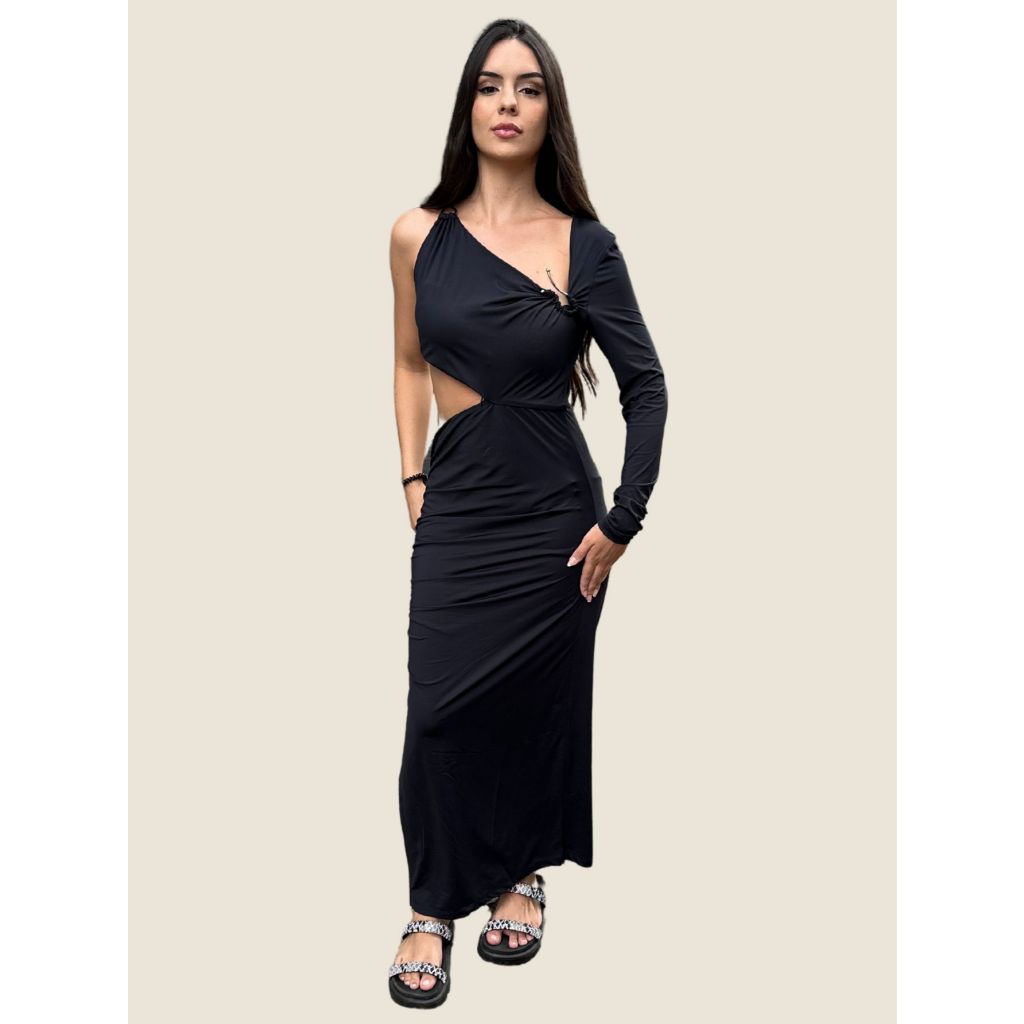 Vestido Feminino Preto Midi Assimétrico Com Recortes Laterias Um Ombro Só Elegante Justo Colcci