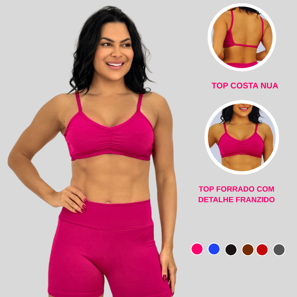 Top Costa Nua Franzido ZERO TRANSPARÊNCIA Forrado Costas Nua Alça Fina Academia Moda Gringa