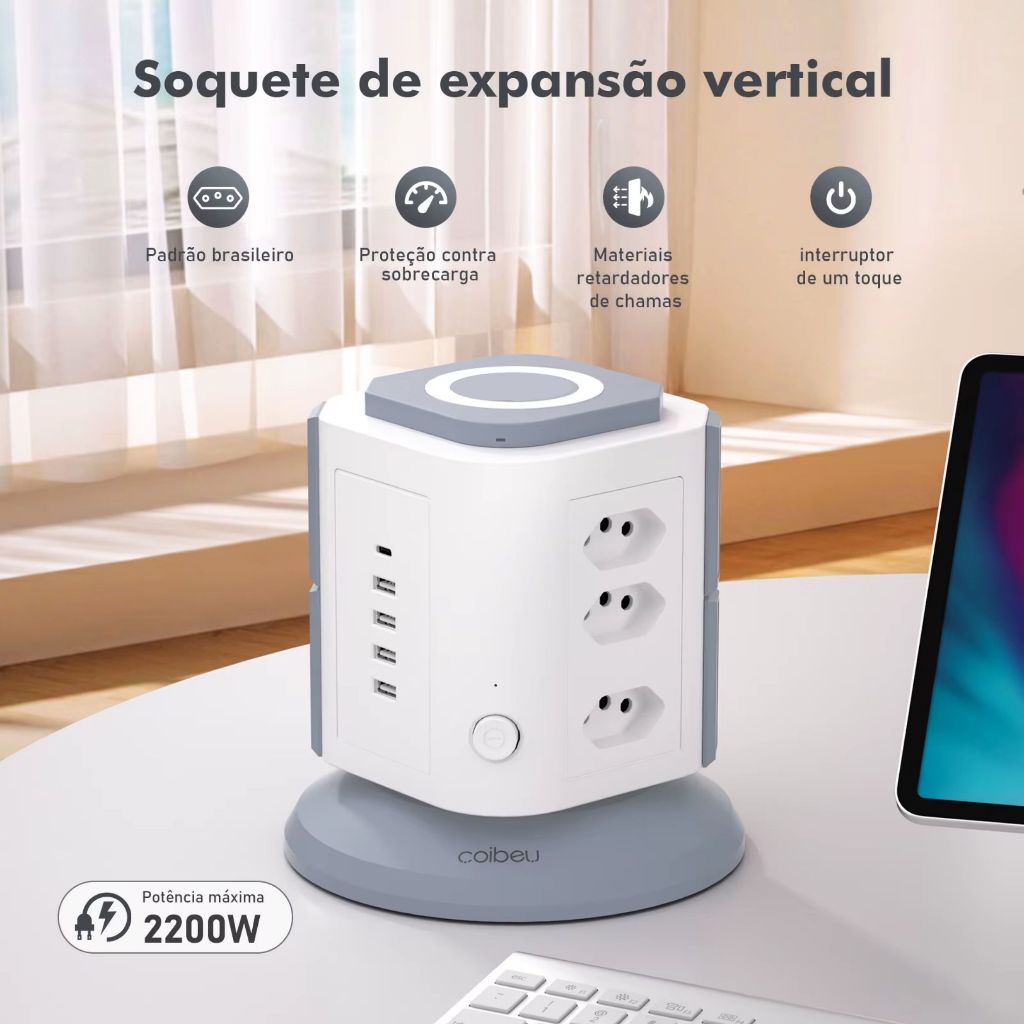 Torre De 3 Tomadas Com 4 Usb 1 Usb Tipo-C Cozinha Mesa com Filtro de Linha 2200w Extensão 1,8 Metros