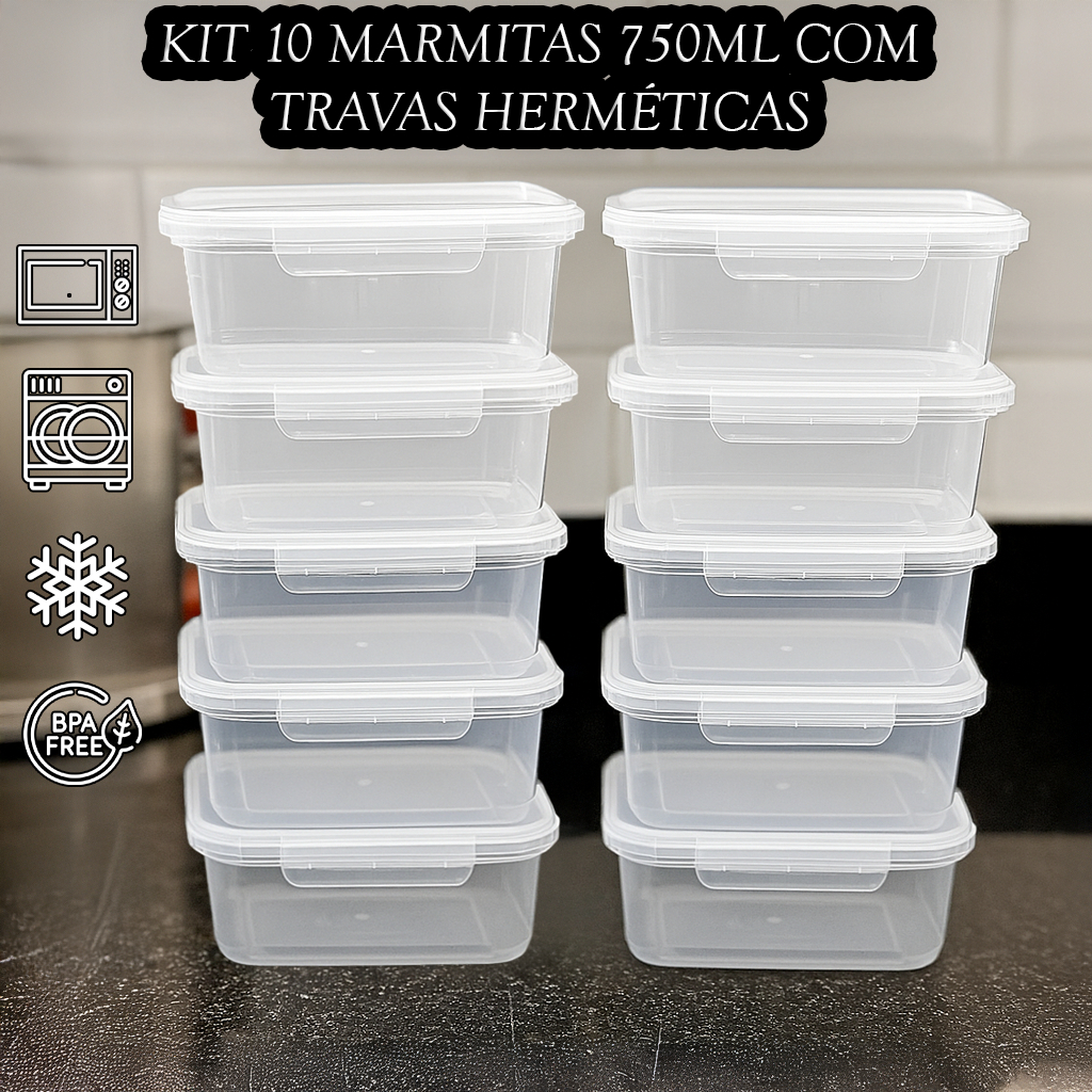 Kit 10 Potes Com Trava 750ml Marmita Fitness Lavavel LIVRE DE TOXINAS por R$ 22,80