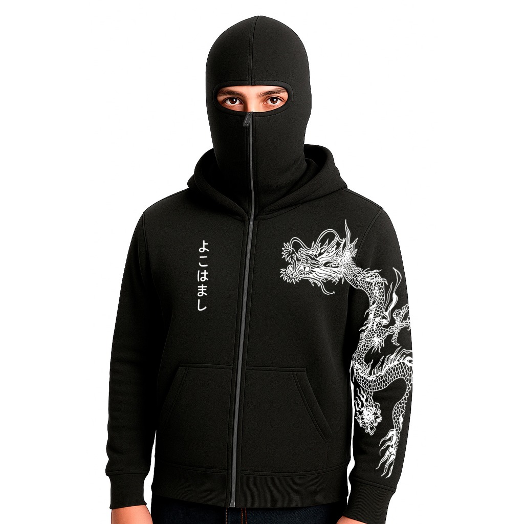 Moletom Balaclava Com Capuz Estampa De Dragão Japonês Streetwear Casaco