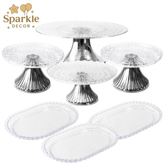 Kit Boleira Cone Esmeralda 32cm + 2 Boleira Slim Esmeralda + 1 Boleira Cake Renda Esmeralda + 3 Bandeja Pérola