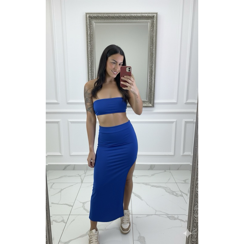 🔥Conjunto Cropped Tomara que Caia e Saia Midi 🔥Fenda Estampado Tropical - Moda Praia Verão🔥