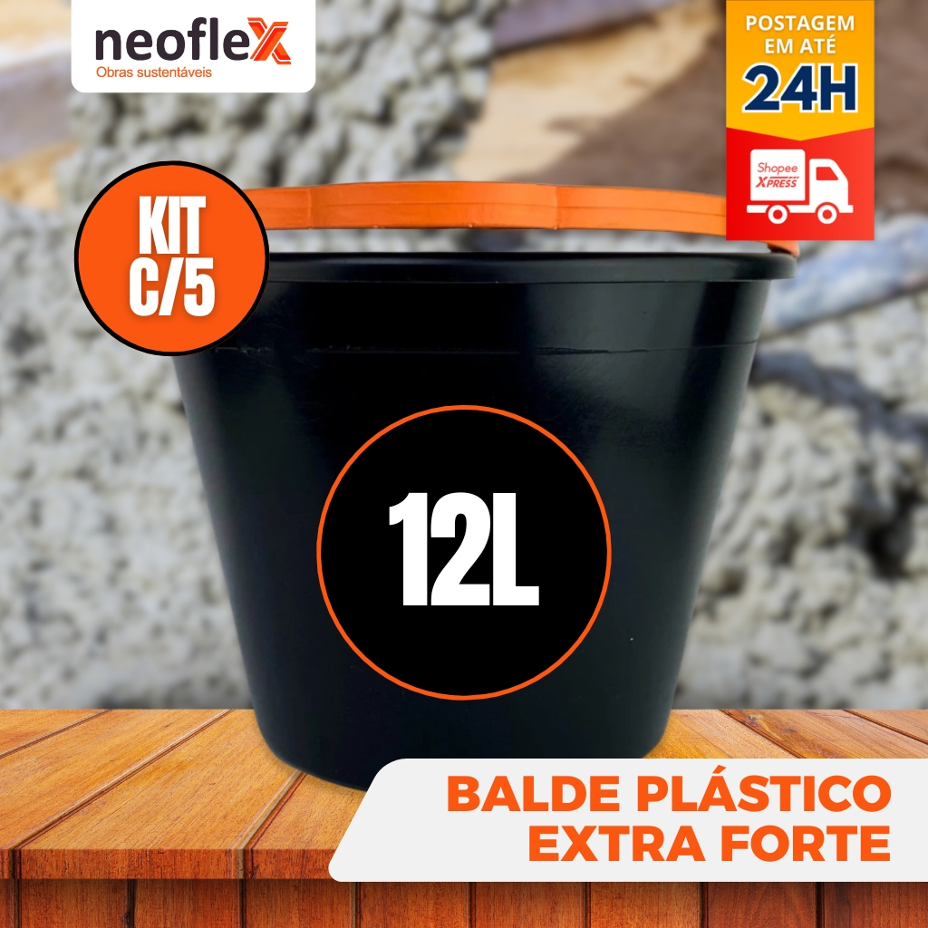 Kit 5 Balde Plástico EXTRA FORTE 12 Litros Alça Resistente e Reforçada obras Lim