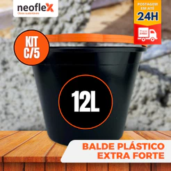 Kit 5 Balde Plástico EXTRA FORTE 12 Litros Alça Resistente e Reforçada obras Limpeza Reforma