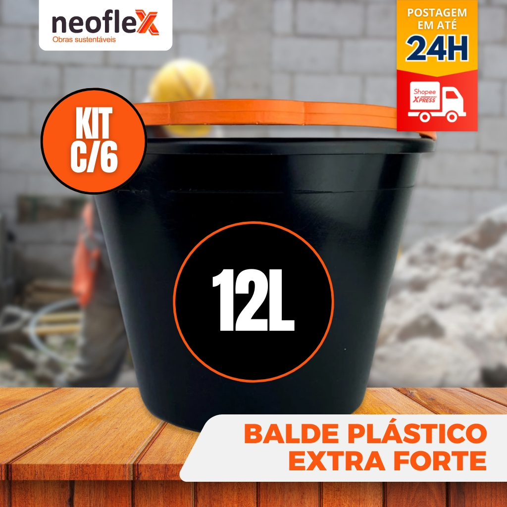 Kit 6 Balde Plástico EXTRA FORTE 12 Litros Alça Resistente e Reforçada obras Limpeza Reforma