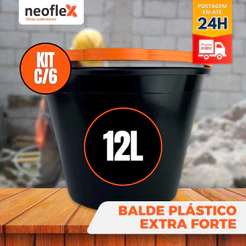 Kit 6 Balde Plástico EXTRA FORTE 12 Litros Alça Resistente e Reforçada obras Limpeza Reforma