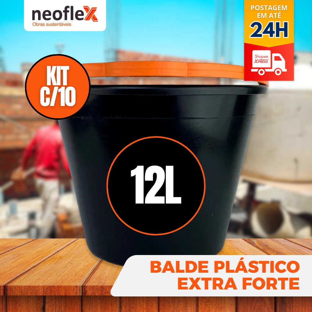 Kit 10  Balde Plástico EXTRA FORTE 12 Litros Alça Resistente e Reforçada obras Limpeza Reforma em Oferta na Shopee